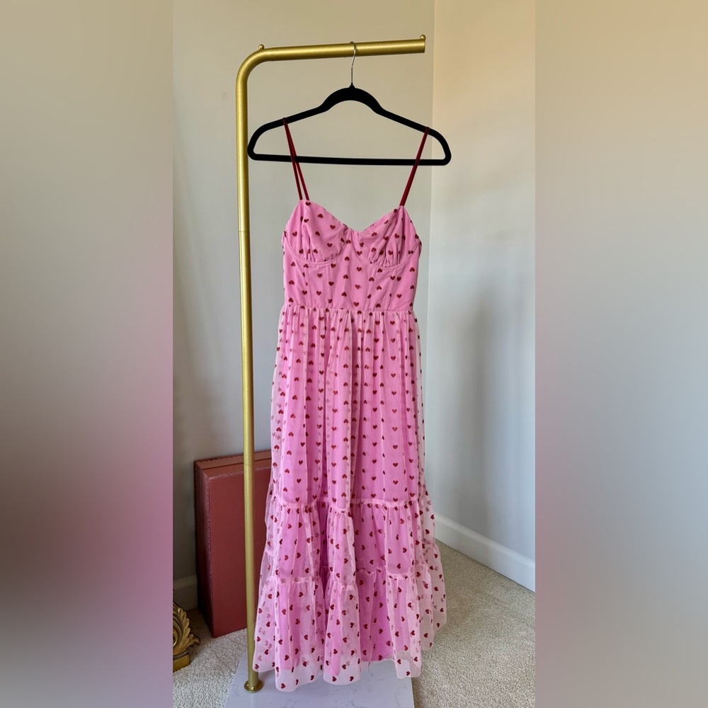 Betsey Johnson Pink Heart Print Dress. Velvet straps and hearts.